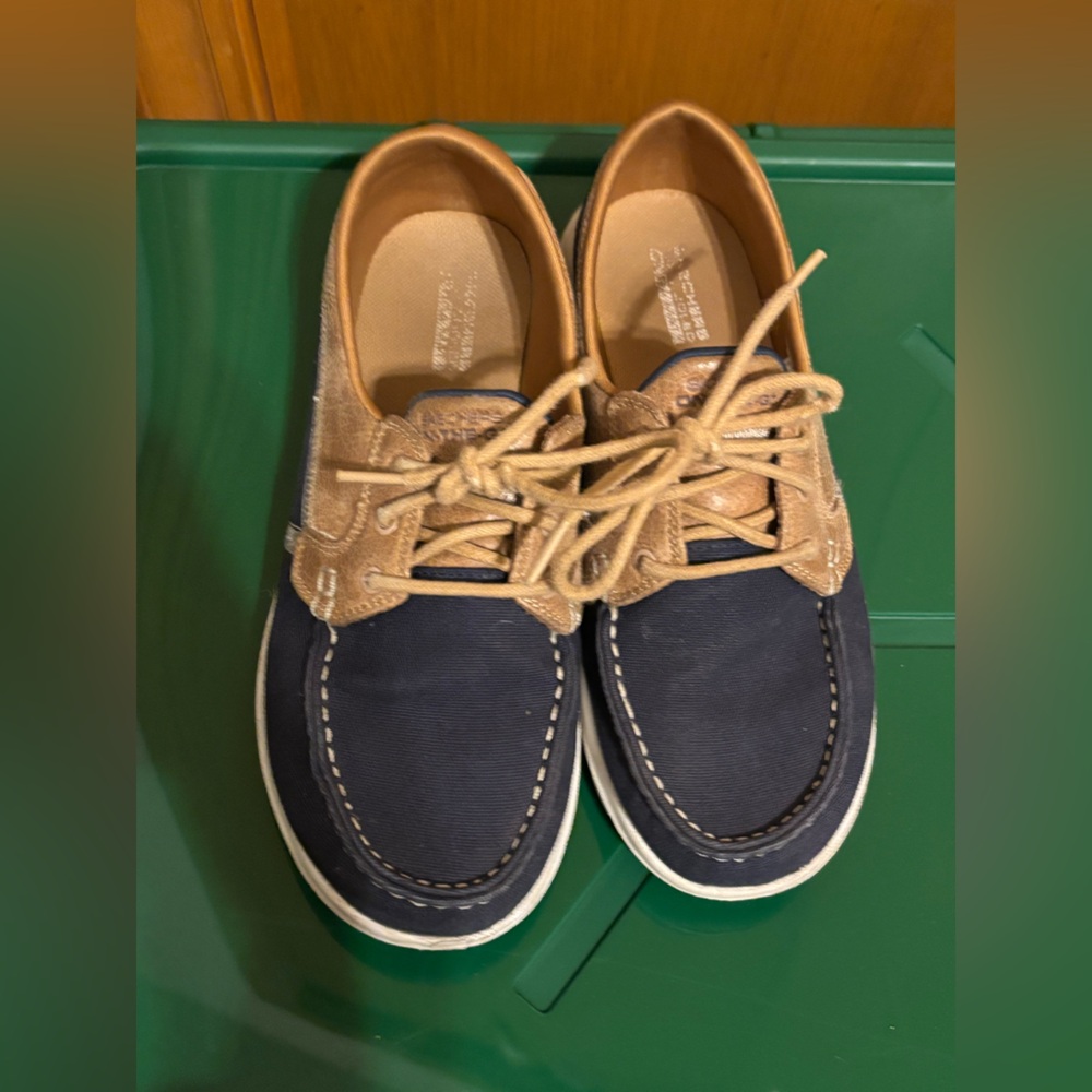 Navy and Tan Skechers Boat Shoes